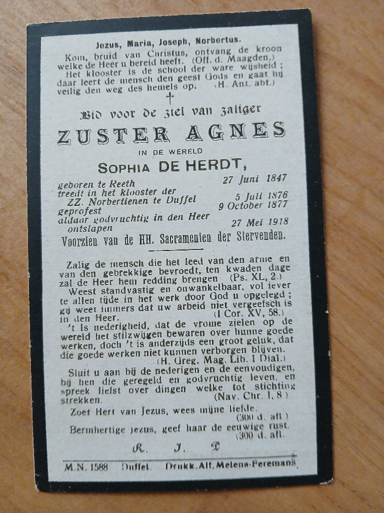 kloosterzuster Sophia  De Herdt overl 1918, Verzenden, Bidprentje