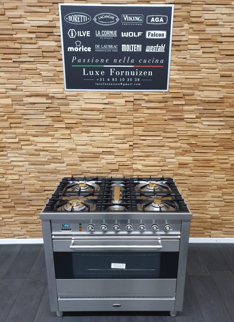 Boretti Fornuis 90cm RVS 5 pitten 1 elektrische oven, Gaz, Classe énergétique A ou plus économe, Comme neuf, Enlèvement