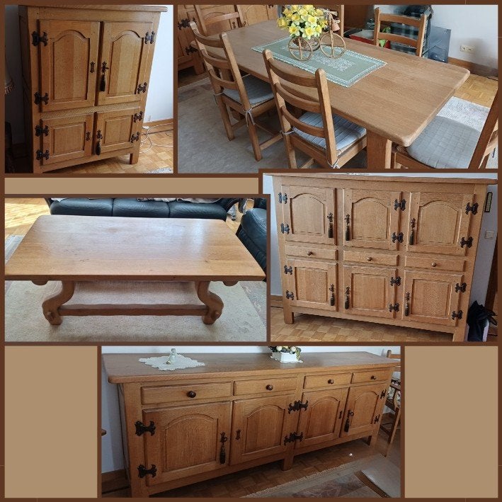 Complete eiken eetkamer – tafel + 3 kasten + salontafel, Huis en Inrichting, Ophalen, Gebruikt, Klassiek, 4 tot 6 stoelen