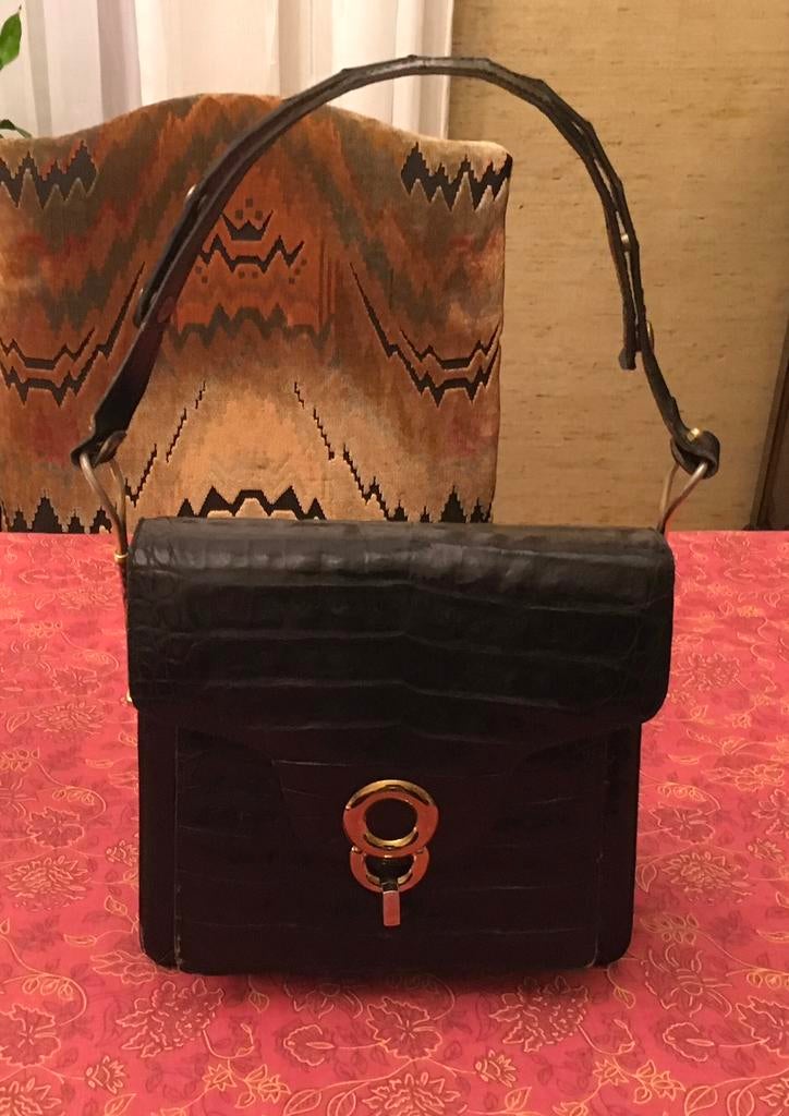 Vintage croco handtas, Handtassen en Accessoires, Tassen | Damestassen, Ophalen, Zo goed als nieuw, Zwart, Handtas