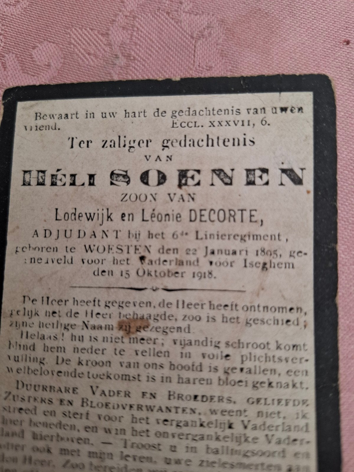 heli soenen,adjudant 6de linieregiment, Verzamelen, Ophalen of Verzenden, Bidprentje