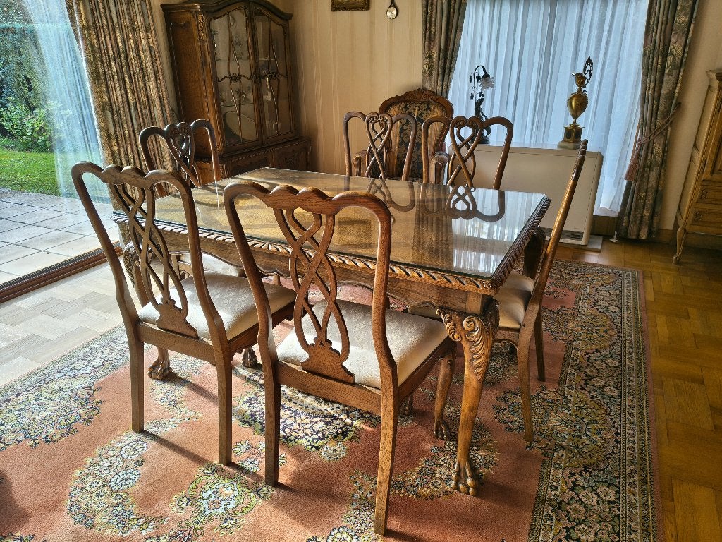 Complete Eiken Eetkamerset Chippendale-stijl (1957), Huis en Inrichting, Ophalen, Gebruikt, Chippendalestijl, 4 tot 6 stoelen