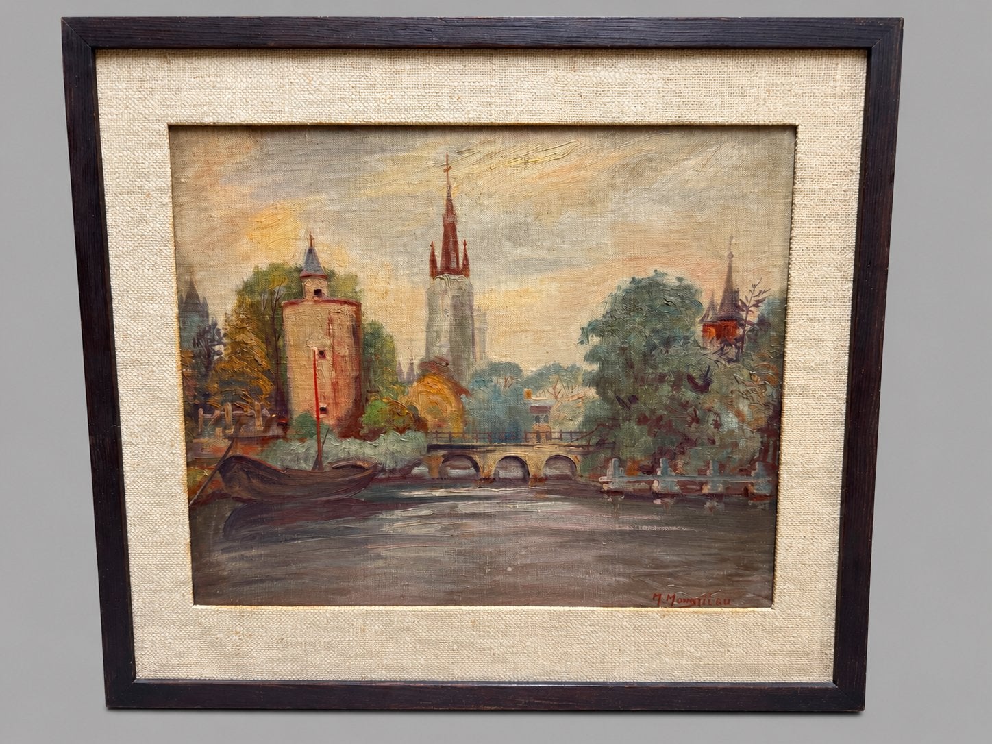 Brugs stadsgezicht –  Maurice Monballieu – 57x50cm, Enlèvement ou Envoi, Peinture à l'huile, Toile, Encadré