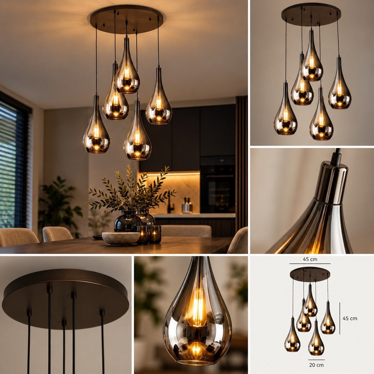 Lampe suspendue avec 5 gouttes en verre fumé, Enlèvement ou Envoi, Verre
