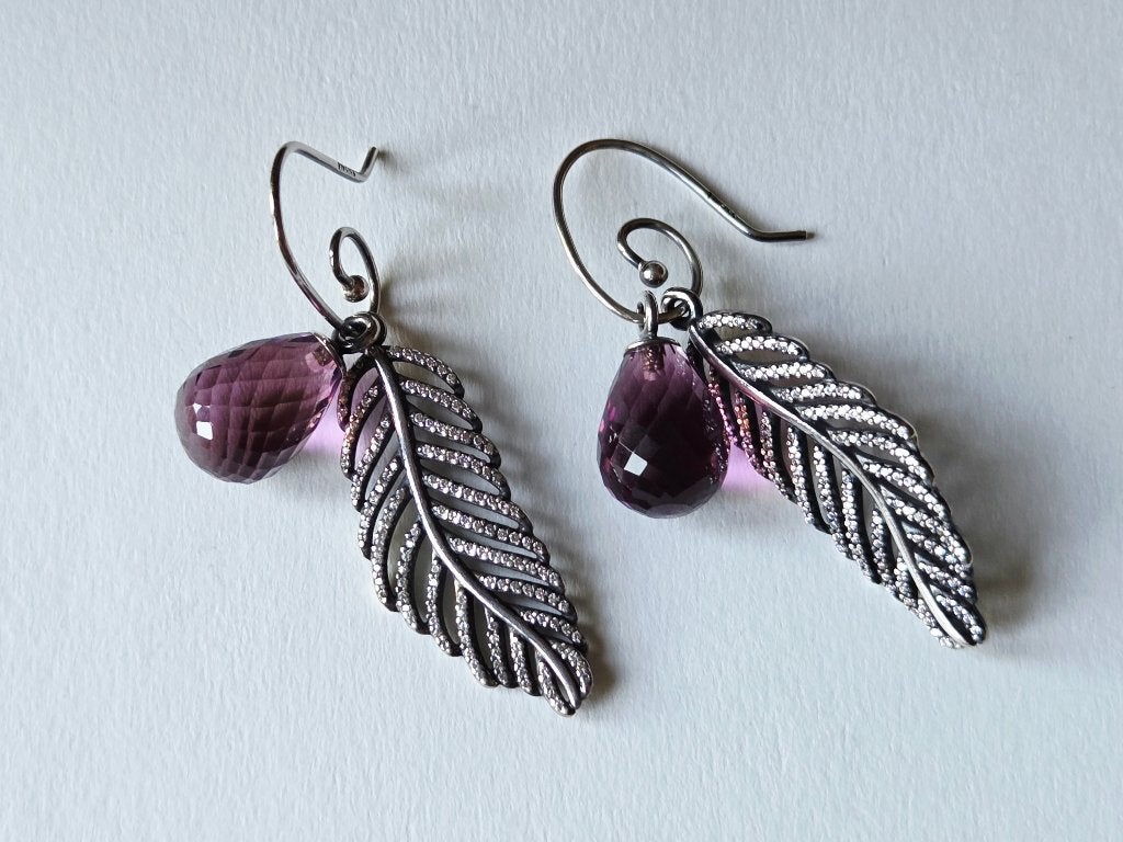 ZILVEREN PANDORA OORBELLEN MET VEREN EN GLAZEN DRUPPELS, Enlèvement, Avec strass, Violet, Argent