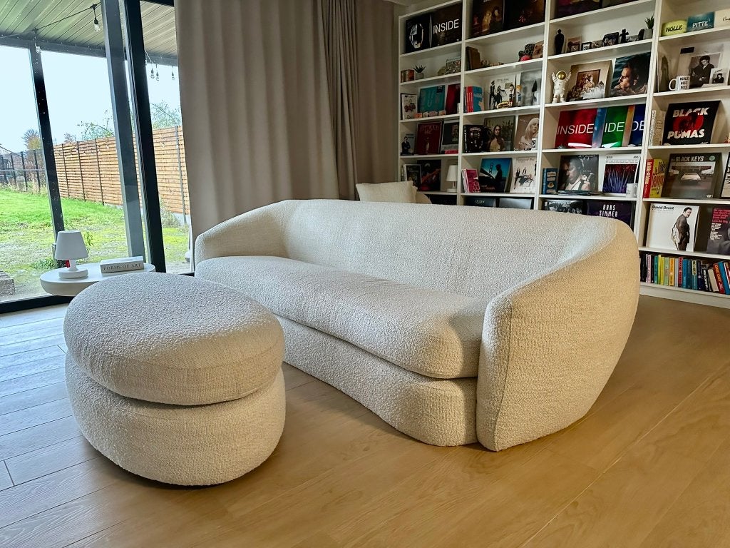 Organische zetel + poef uit beige boucle stof Japandi stijl, Maison & Meubles, 75 à 100 cm, Japandi, Banc droit, Comme neuf