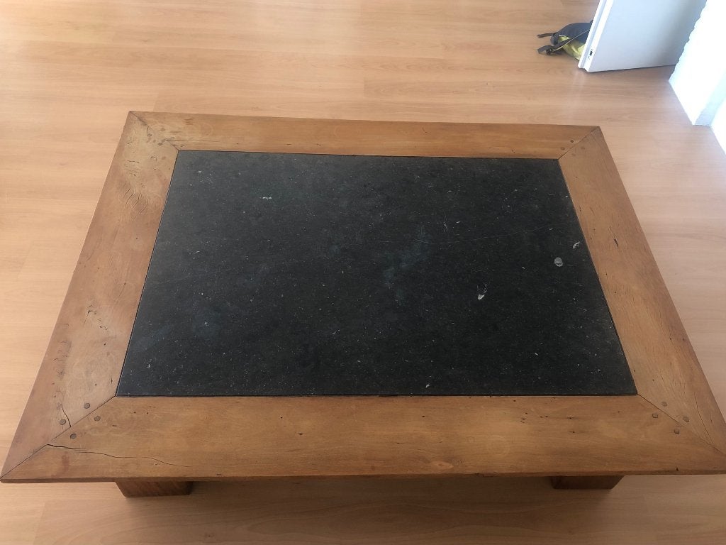 Table basse en teck avec plateau en pierre, Teck, Carré, 100 à 150 cm, Enlèvement