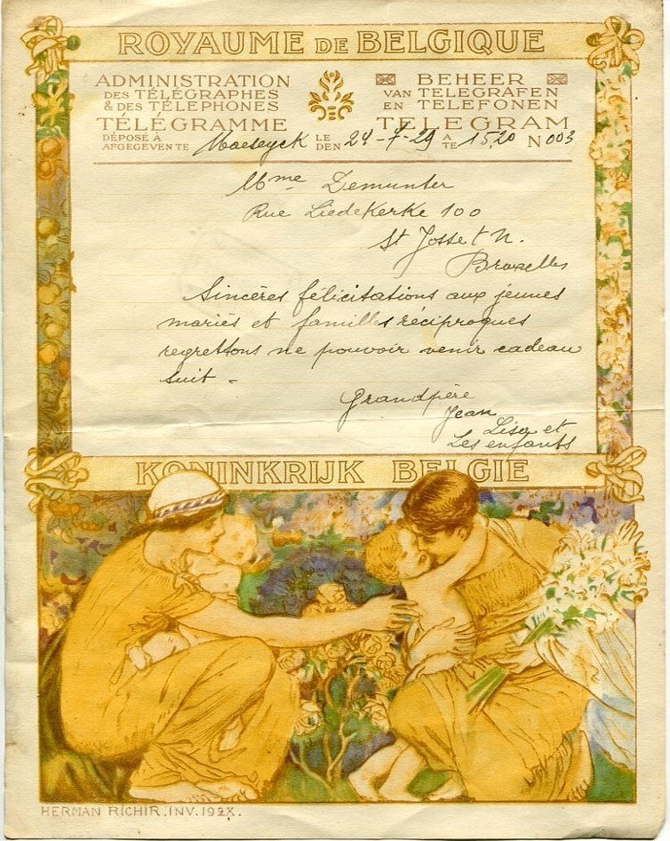 Télégramme Art Nouveau de 1929 - Herman Richir, Enlèvement ou Envoi, Herman Richir