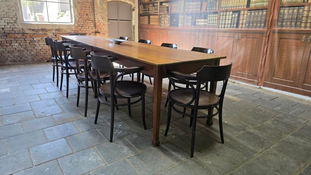 Antieke eiken tafel 320 cm + 10 Thonet-stijl armstoelen, Ophalen, Gebruikt, Eikenhout