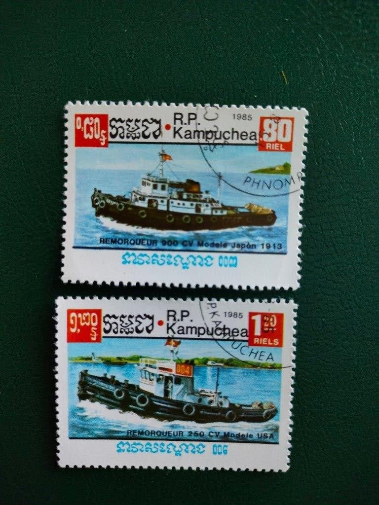 Cambodja 1985 - rivierboten, schepen, scheepvaart, Verzenden, Gestempeld, Zuidoost-Azië