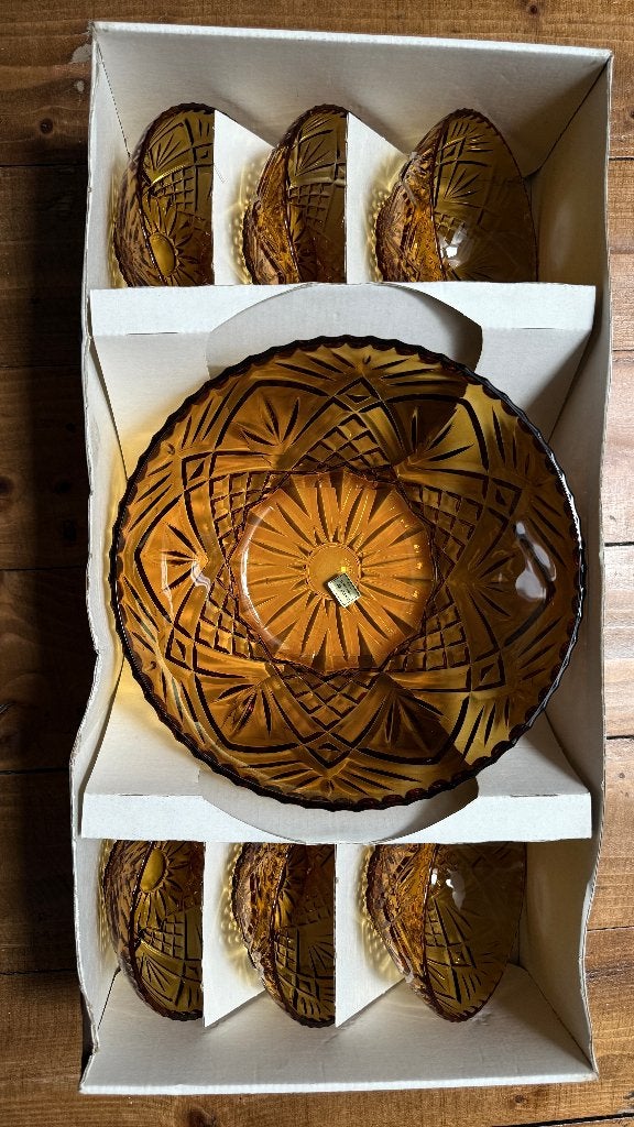 Vintage Luminarc dessertset – amberkleurig – originele doos, Overige merken, Vintage, Ophalen of Verzenden, Kom(men)