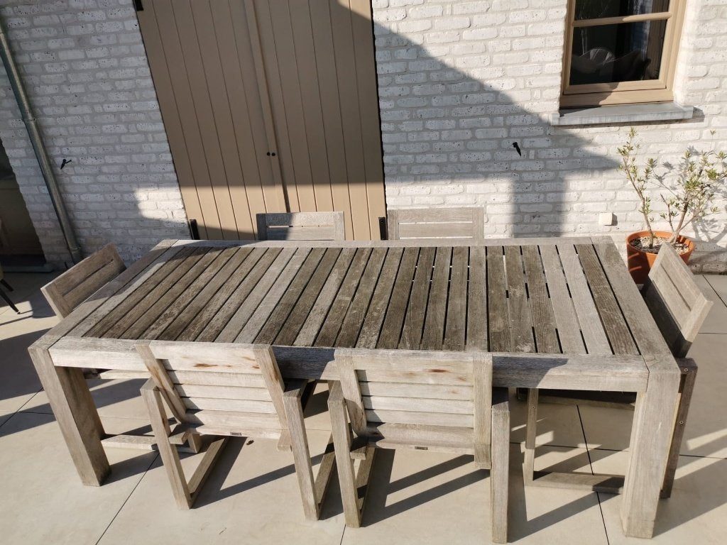 Tuintafel en 6 stoelen in teak, Ophalen, Gebruikt, 6 zitplaatsen, Teakhout