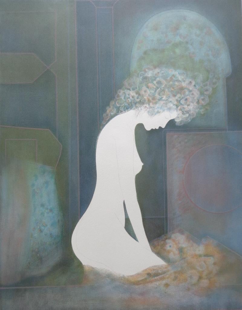 GUY RIBES / ZITTEND NAAKTE VROUW / KLEURLITHO / 76x56cm SIG, Antiek en Kunst, Ophalen of Verzenden