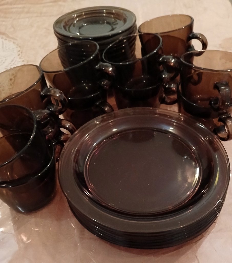 service à dessert arcopal brun, Enlèvement, Utilisé, Verre, Vintage