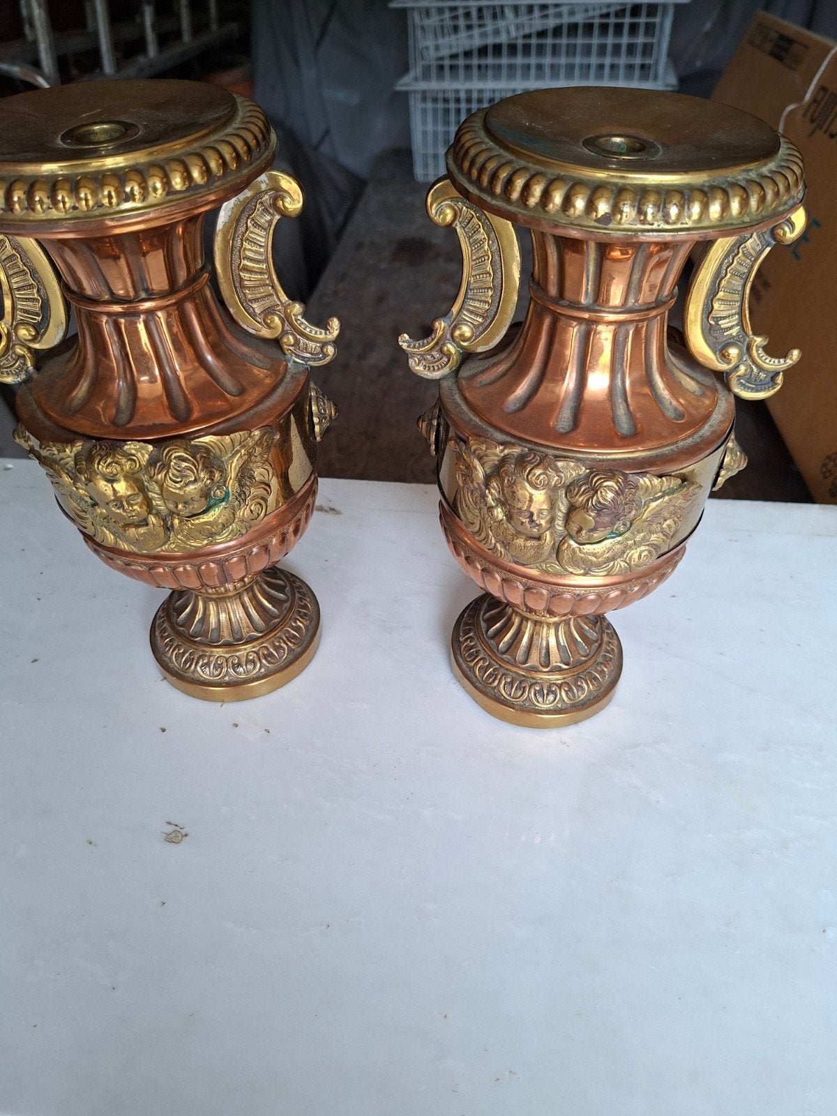 twee koper antieke kandelaars, Ophalen of Verzenden