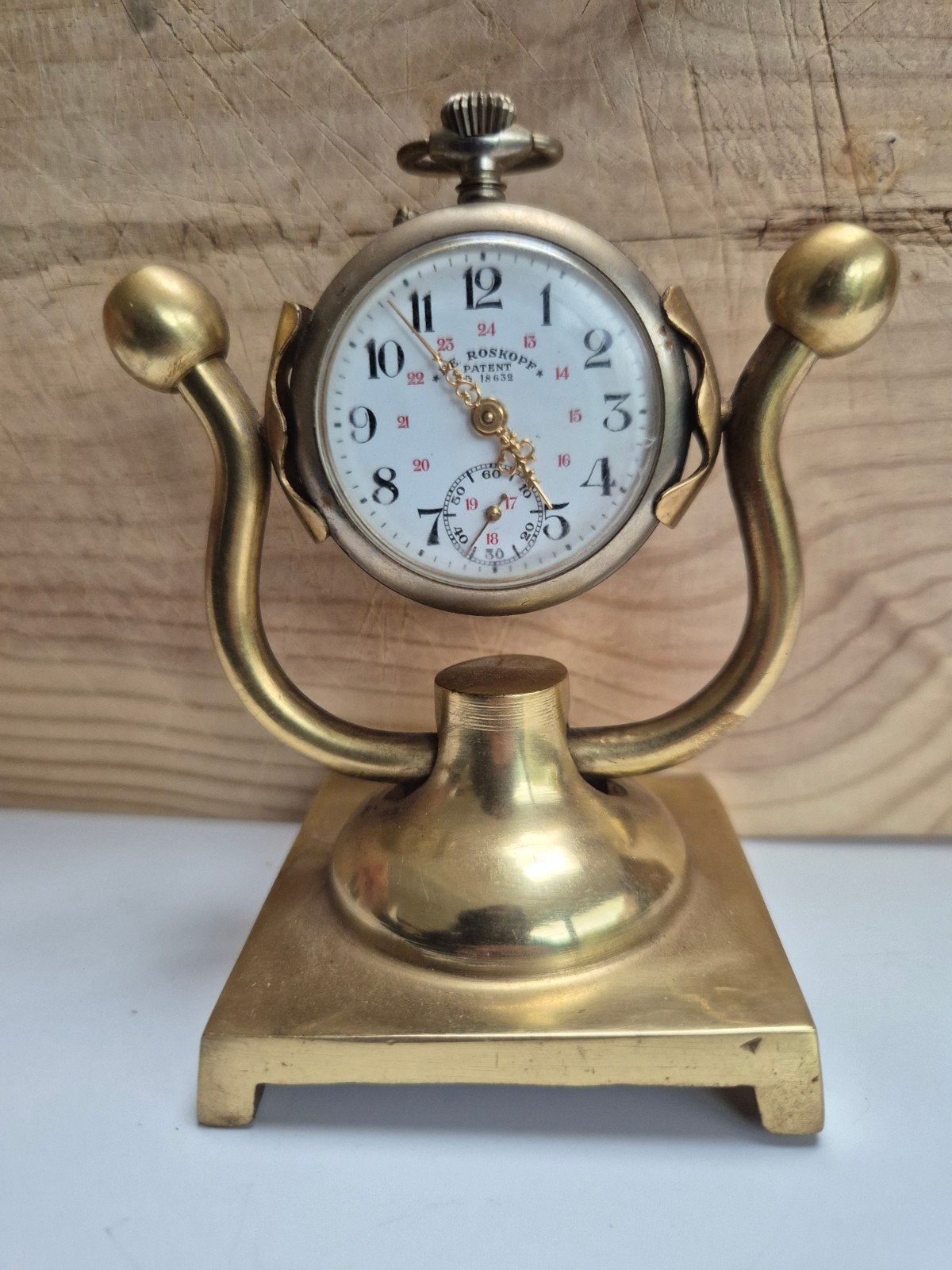 Support Lyra en laiton antique avec montre de poche Roskopf, Enlèvement ou Envoi