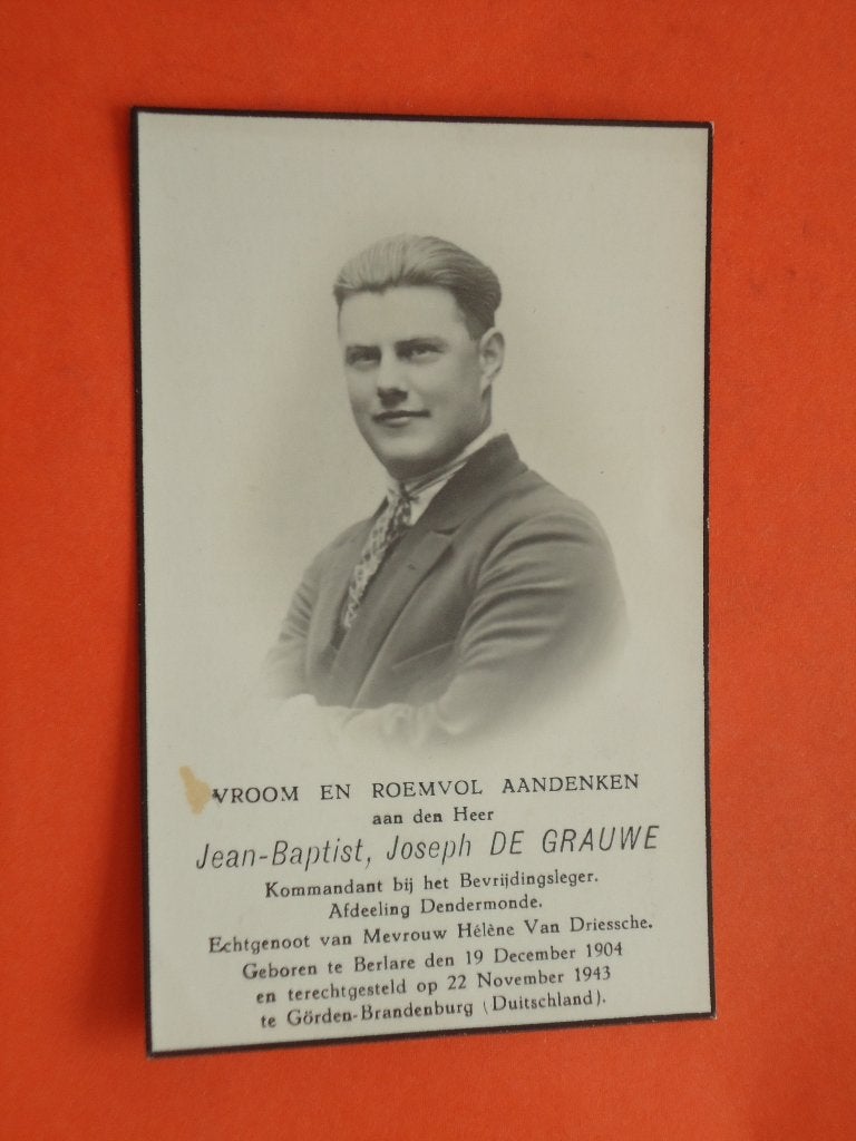 Oorlogsslachtoffer Jean-Baptist De Grauwe geboren  Berlare, Verzamelen, Bidprentjes en Rouwkaarten, Ophalen of Verzenden, Rouwkaart