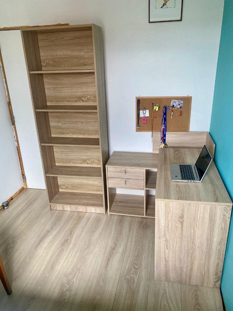 compact hoekbureau met boekenkast, Huis en Inrichting, Bureaus, Zo goed als nieuw, Hoekbureau, Scandinavisch, Hout, Demontabel