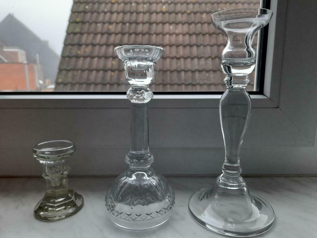 3 antieke glazen kandelaars 10€ p/s of 3 voor 25€, Ophalen of Verzenden