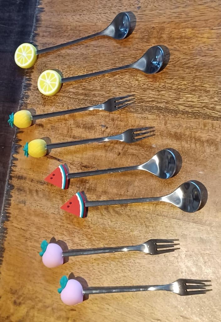 Set kleine vorkjes & lepeltjes, fruitdecoratie, Ophalen of Verzenden, Zo goed als nieuw