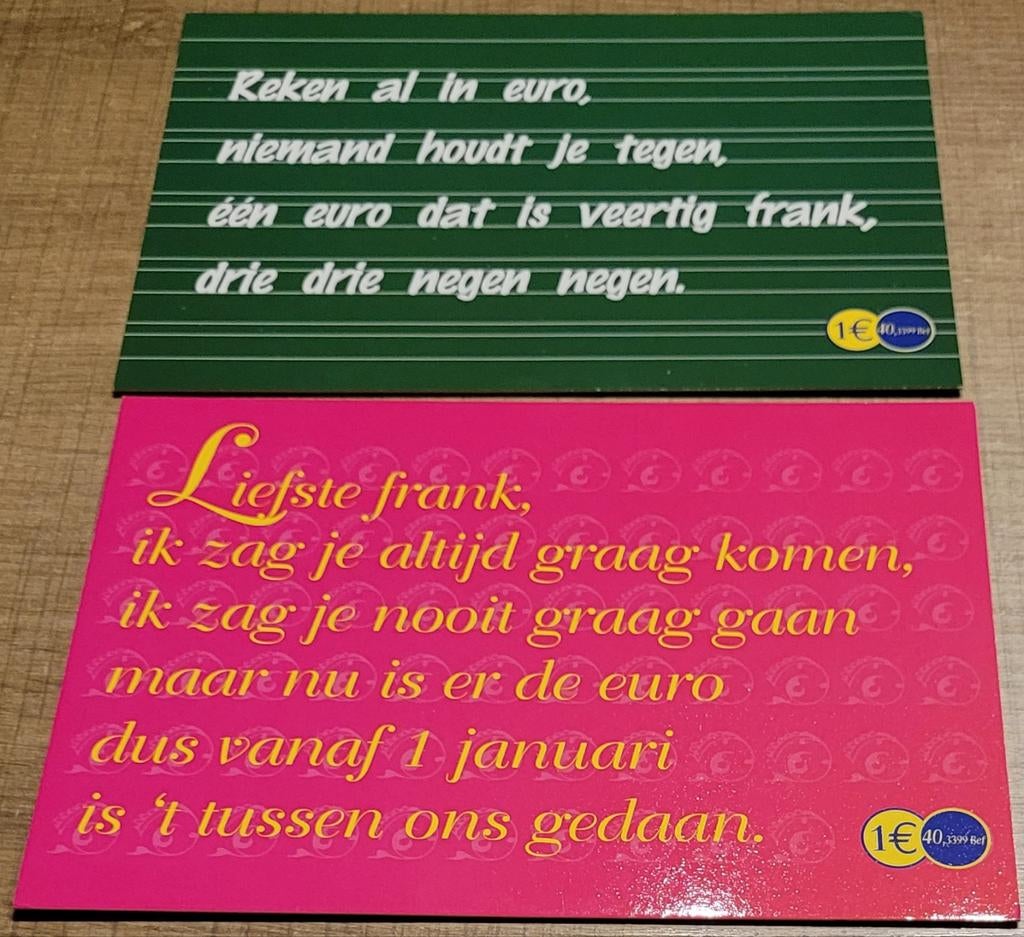 2 postkaarten: van Belgische frank naar Euro, Verzamelen, Ophalen of Verzenden, 1980 tot heden, Ongelopen, Overige thema's
