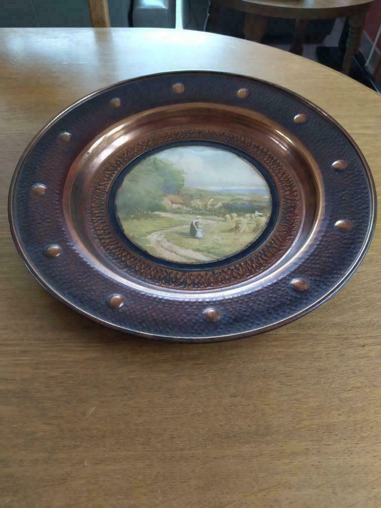 Oud koperen wandbord - Landelijk tafereel - D 33.5, Antiek en Kunst, Antiek | Brons en Koper, Ophalen of Verzenden, Koper