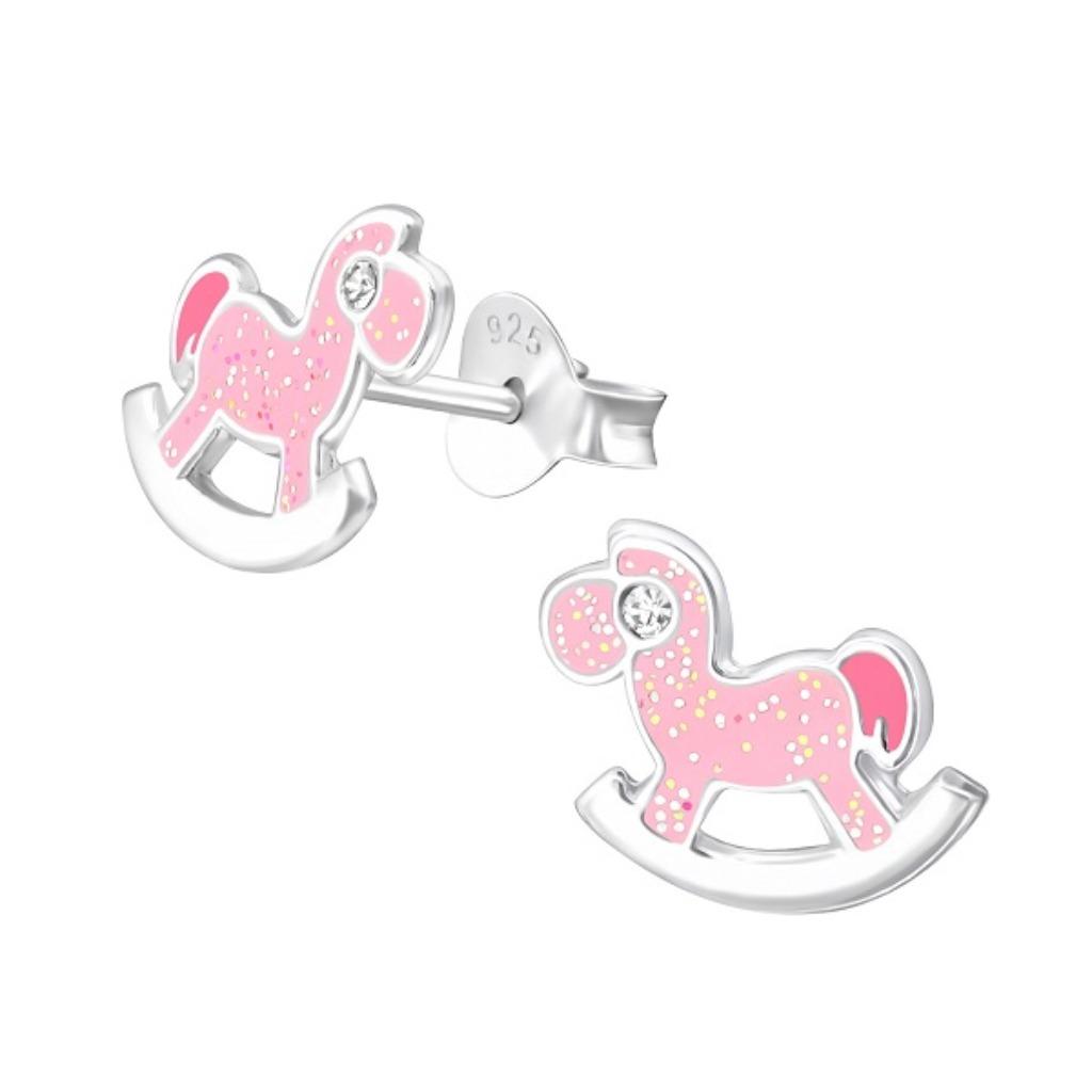 Schommelpaard kinderoorbellen 925 zilver epoxy kristal, Ophalen of Verzenden, Nieuw, Oorbellen