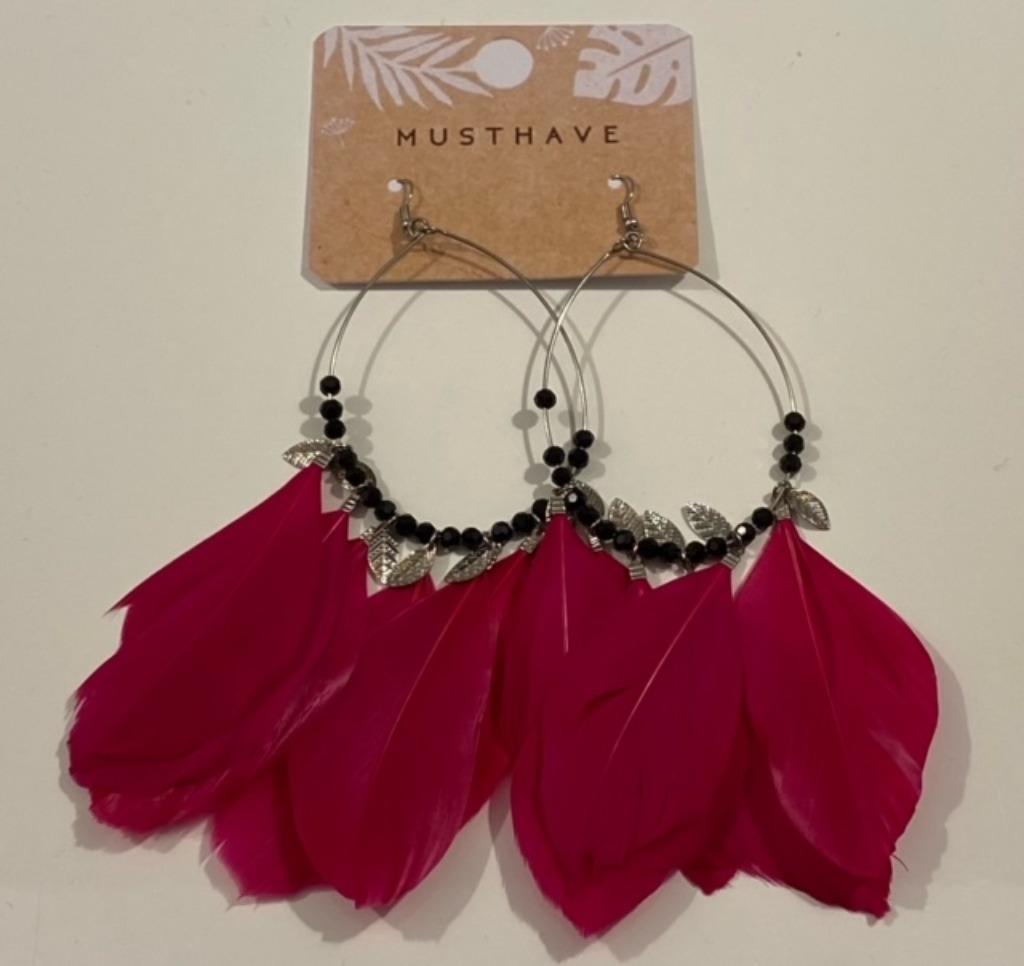 Zilverkleurige oorringen met parels en fuchsia veren, Bijoux, Sacs & Beauté, Boucles d'oreilles, Enlèvement ou Envoi, Neuf, Rose