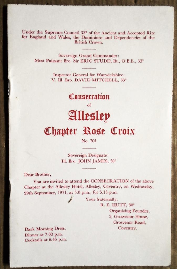Consecration of Allesley Chapter Rose Croix No. 701 - 1971, Livres, Ésotérisme & Spiritualité, Utilisé, Arrière-plan et information