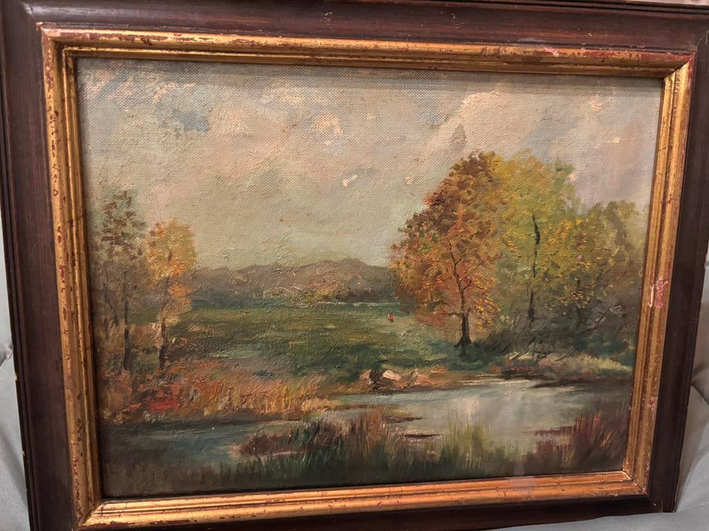 Schilderij in olieverf , lansschap , met kader ,, Enlèvement ou Envoi