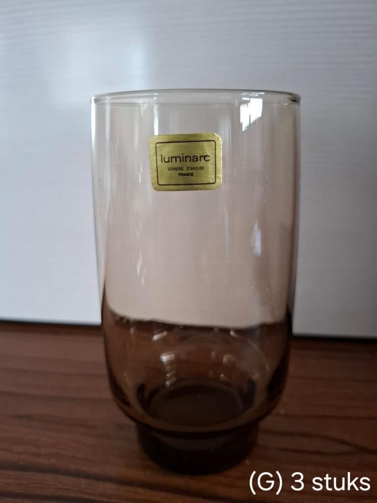 3 retro originele Luminarc glazen jaren '70 (bruin getint), Ophalen of Verzenden, Zo goed als nieuw