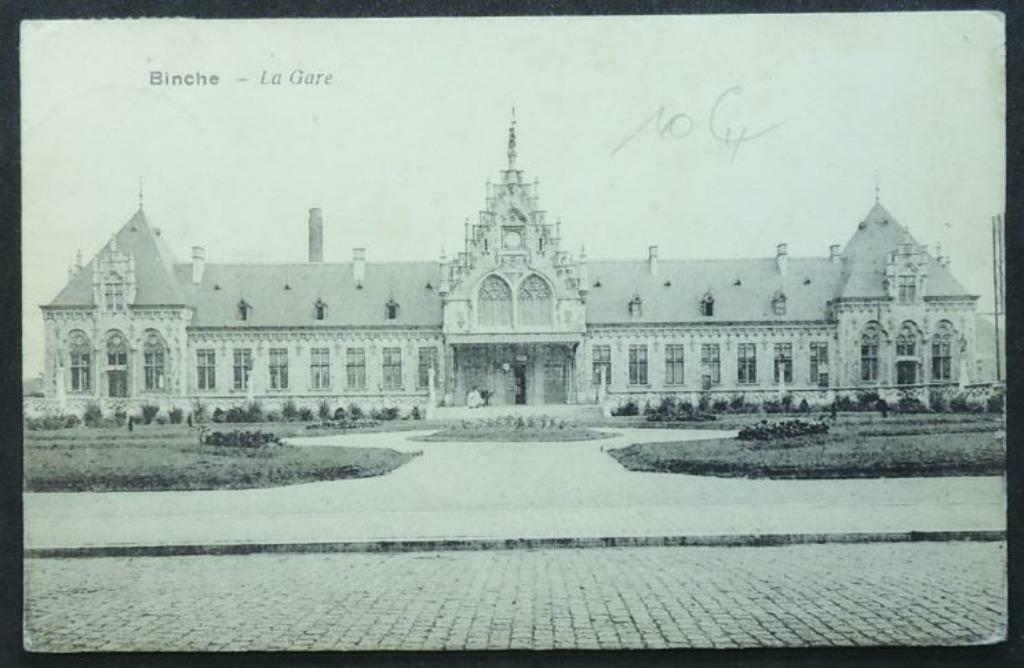 Postkaart Binche Het station Postzegel helm koning Albert I, Ophalen of Verzenden, Voor 1920, Gelopen, Henegouwen