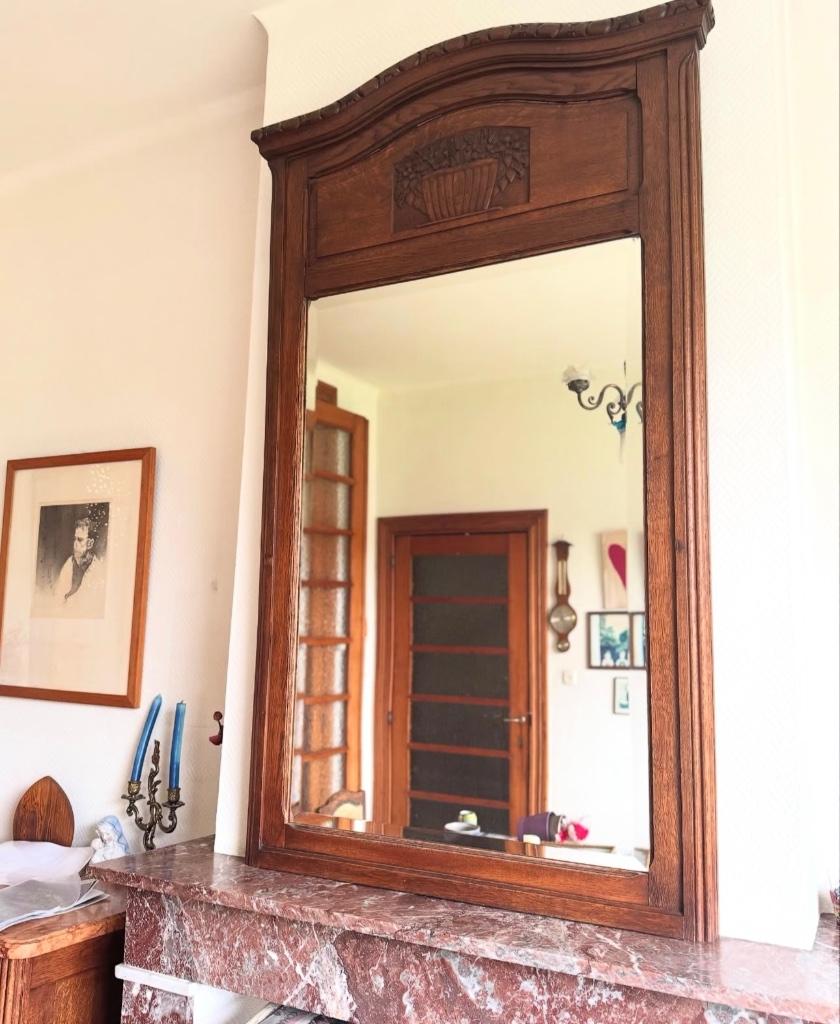 Grote antieke wandspiegel in eik jaren 30, Antiek en Kunst, Antiek | Spiegels, Ophalen, Rechthoekig, 50 tot 100 cm, 100 tot 150 cm