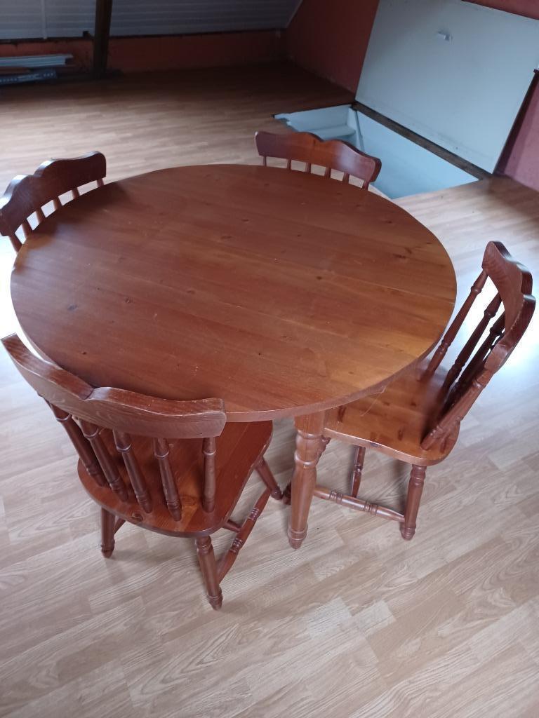 Verlengbare grenen tafel met 4 stoelen, Huis en Inrichting, Ophalen, Gebruikt, 100 tot 150 cm, Rond