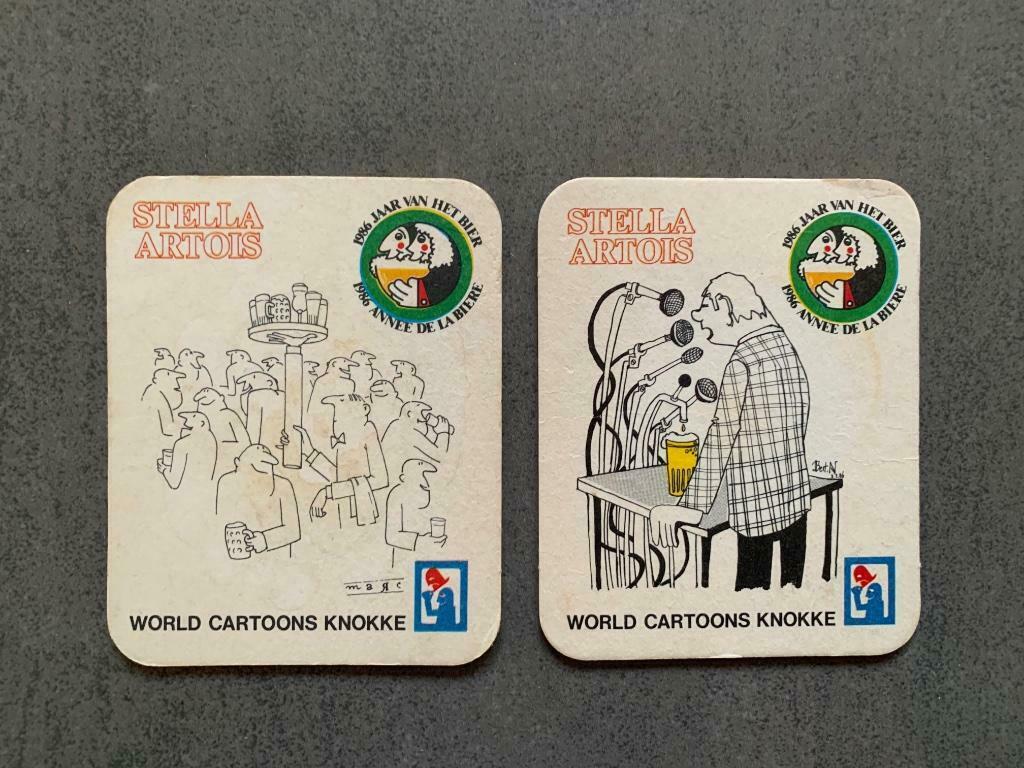 Bierviltjes Stella Artois - World Cartoons Knokke 1986, Verzamelen, Biermerken, Ophalen, Gebruikt, Viltje(s), Stella Artois