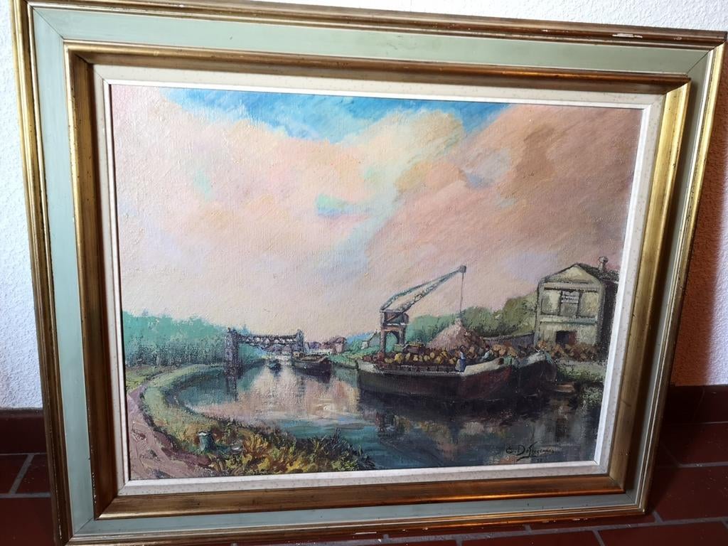 De Schelde bij Vaulx (Doornik) - Schilderij van Defroyennes, Antiek en Kunst, Ophalen