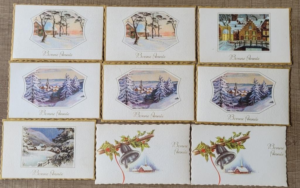 9 oude, Franstalige wenskaarten: Bonne Année, Ophalen of Verzenden, 1960 tot 1980, Ongelopen, Feest(dag)