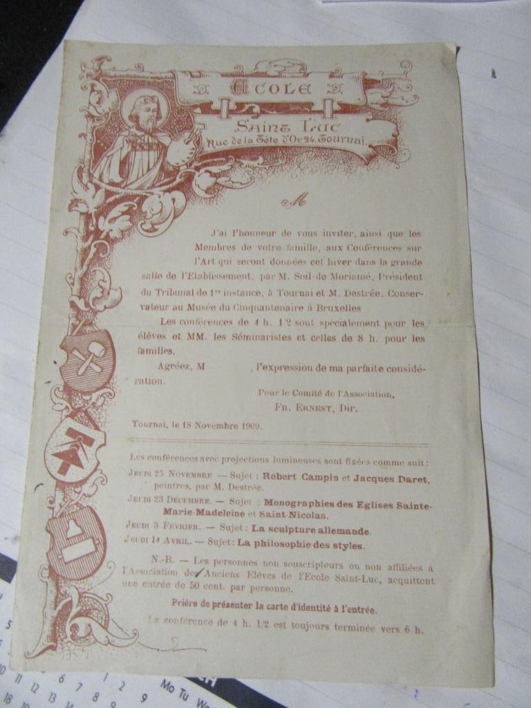 avis école Saint Luc Tournai 1909, Enlèvement, Comme neuf