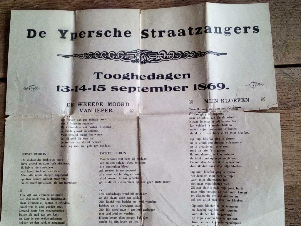 Poster De Ypersche Straatzangers > Tooghedagen Ieper 1869 !!, Verzamelen, Rechthoekig Staand, Ophalen of Verzenden, Zo goed als nieuw