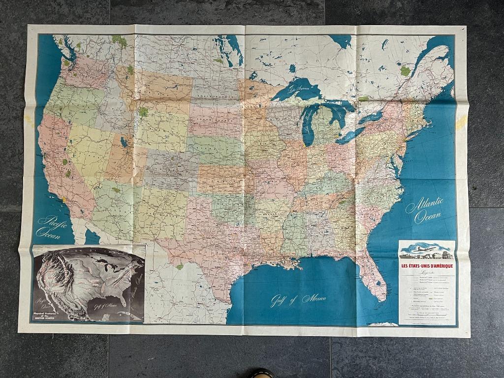 Carte des USA - 1950 (140 x 75 cm), Antiquités & Art, Curiosités & Brocante, Enlèvement ou Envoi