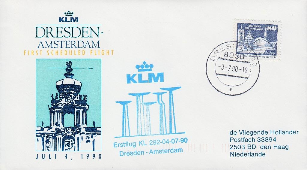 1990 - DDR - Cover Eerste Vlucht KLM [Y&T 2304] + DRESDEN, Verzenden, DDR, Gestempeld