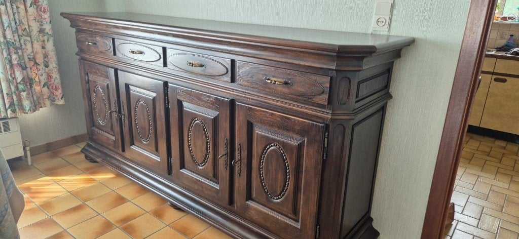 Set van  eiken dressoir en eiken vitrynekast., Ophalen, Gebruikt, Eikenhout, Eiken