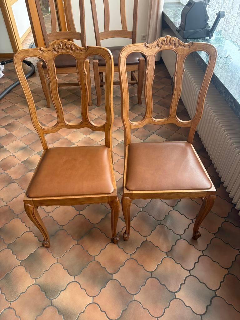 2 eiken stoelen met leder zit, Antiek en Kunst, Ophalen