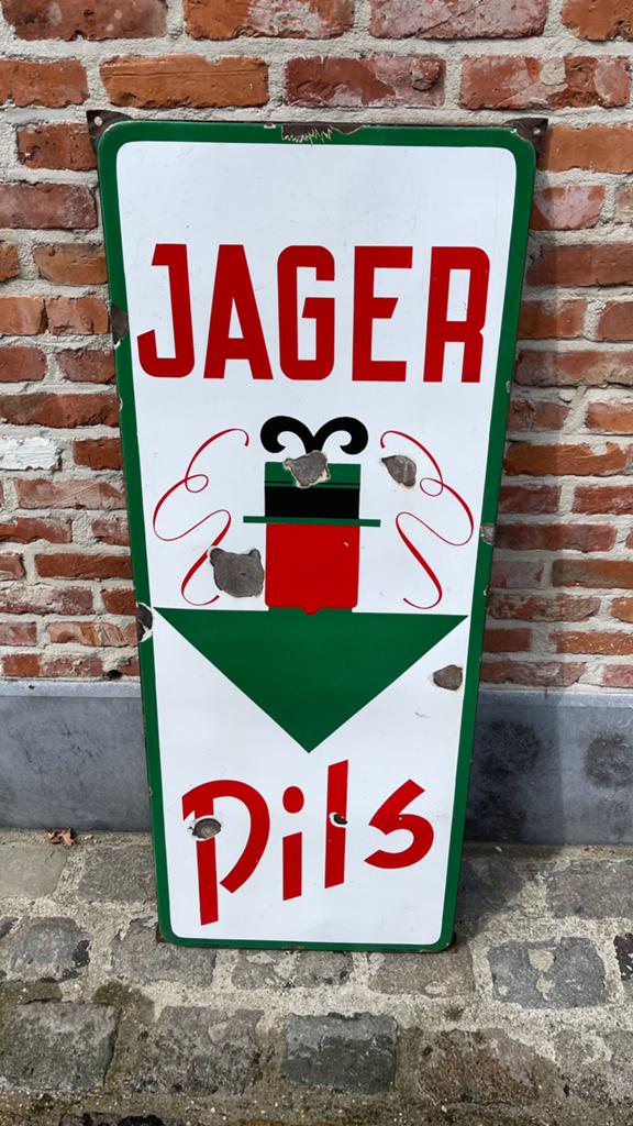 Emaille bord Jager Pils., Verzamelen, Merken en Reclamevoorwerpen, Ophalen, Gebruikt, Reclamebord