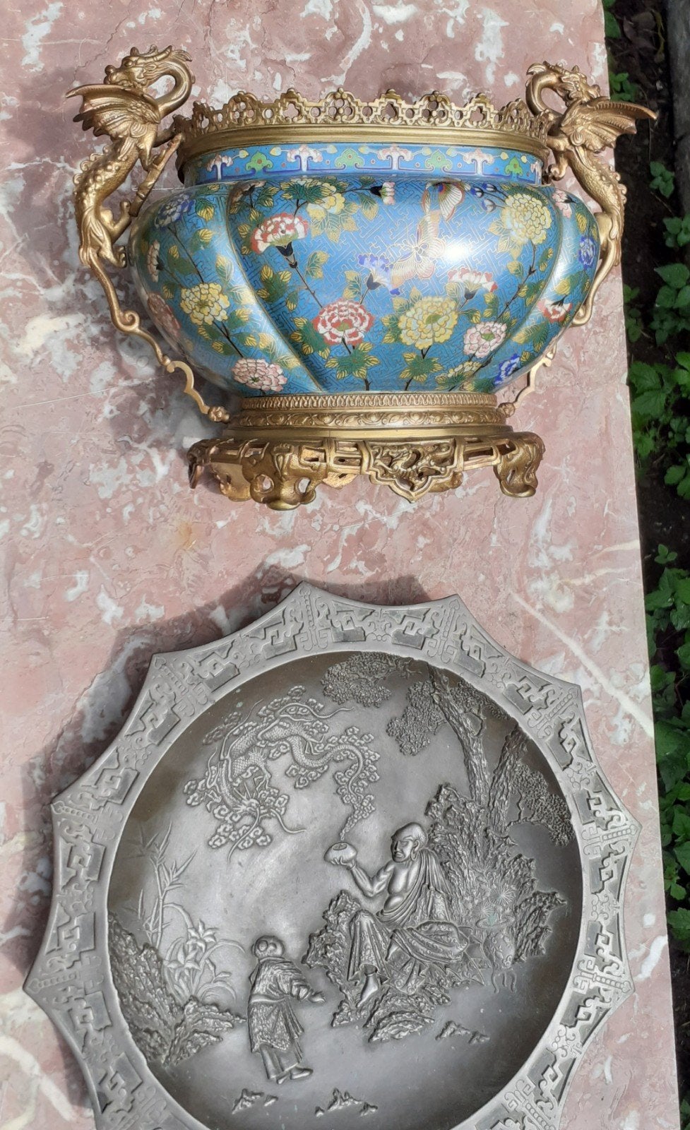 Bronze Asiatique , jardiniere et plat