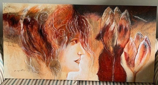GROOT) - Portret vrouw en tulpen ca. 1990 - gesigneerd, Antiquités & Art, Art | Peinture | Moderne, Figures, Peinture à l'huile