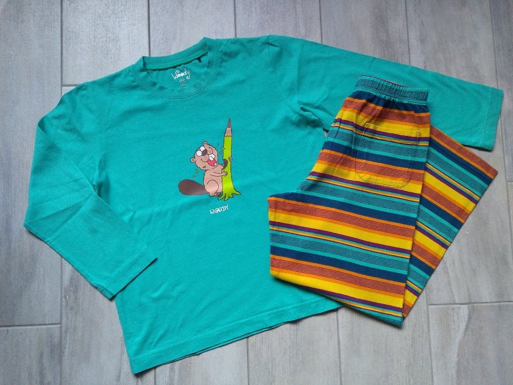 ★ M128 - Woody Pyjama thema bever, Kinderen en Baby's, Kinderkleding | Maat 128, Zo goed als nieuw, Jongen, Nacht- of Onderkleding