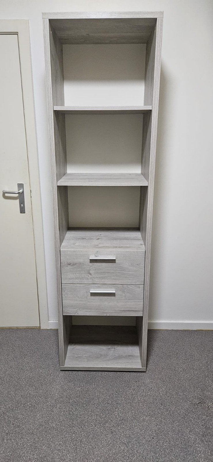 Mooie grijze houten boekenkast met 2 lades – nette staat, Ophalen, 200 cm of meer, 50 tot 100 cm, Met lade(s)