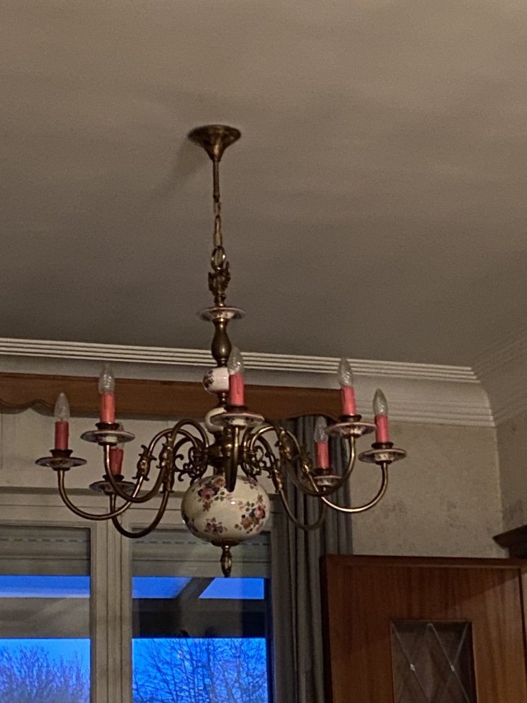 Vintage Italiaanse kroonluchter - porselein en messing, Huis en Inrichting, Lampen | Kroonluchters, Ophalen, Zo goed als nieuw