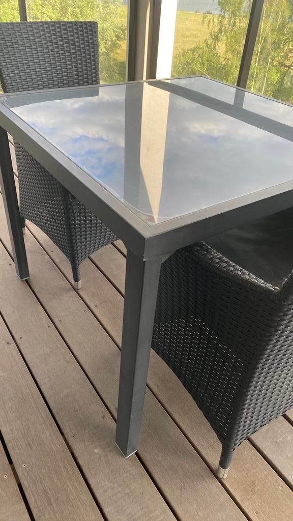 Table de terrasse en métal avec plateau en verre, Jardin & Terrasse, Enlèvement, Utilisé, Carré, Aluminium